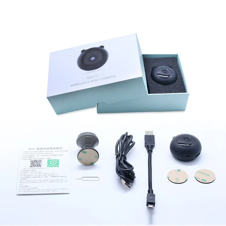Black smart wifi wireless camera with 1080P night vision, 4.5cm size, plastic body, and 360-degree base