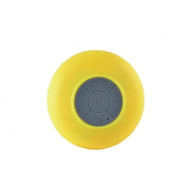 Portable Bluetooth speaker with suction cup showing front speaker grille and side buttons