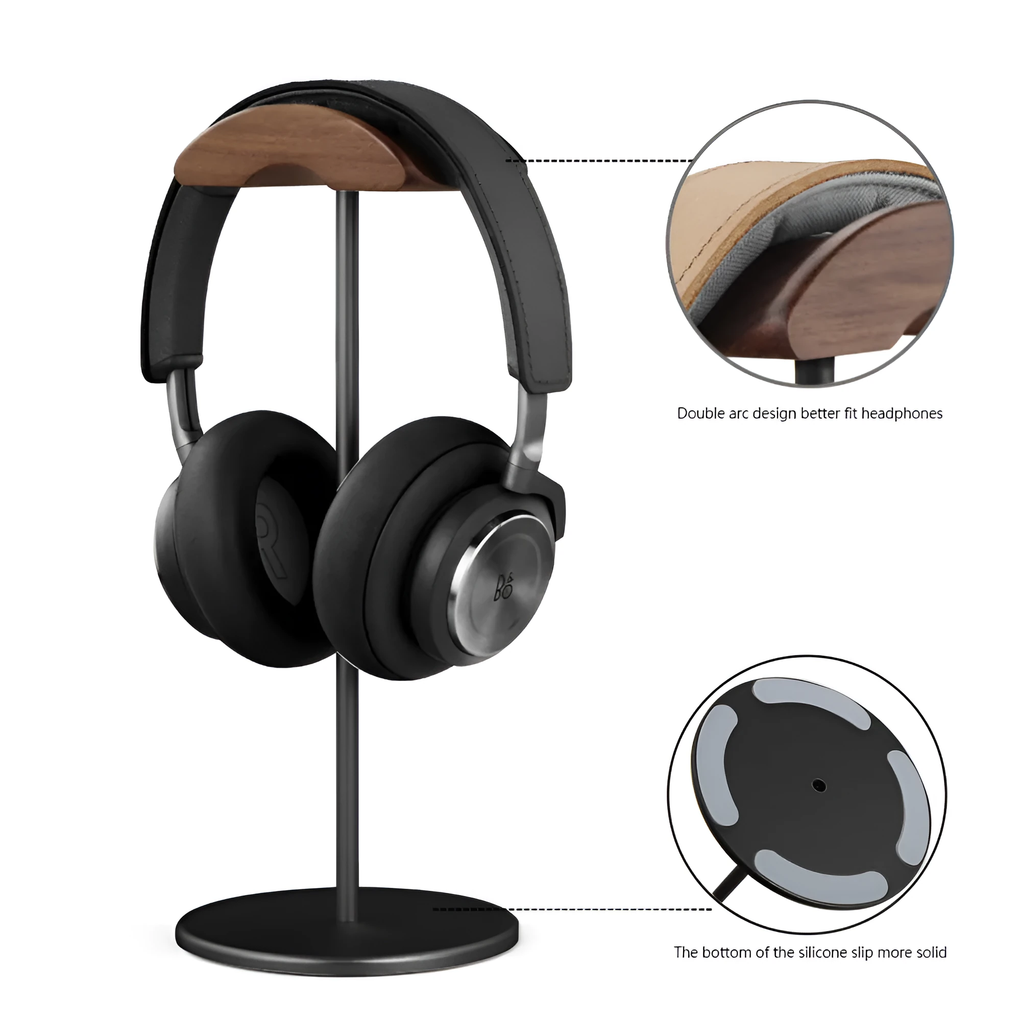 Aviation aluminium earphone holder in grey with anodized finish on a desk