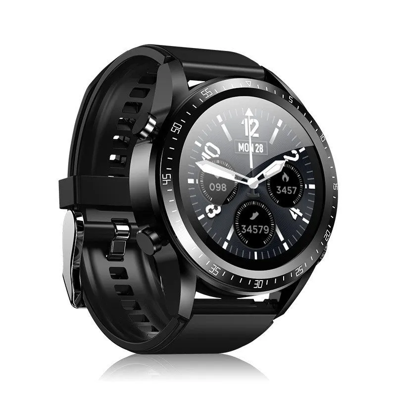 Black smartwatch with health monitoring on a silicone strap, showing a blood pressure readout on its screen.