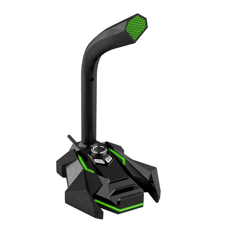 Green wired computer microphone with 1.5-metre cable and 3.5mm jack on a desk