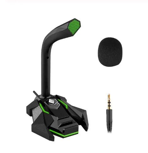 Green wired computer microphone with 1.5-metre cable and 3.5mm jack on a desk