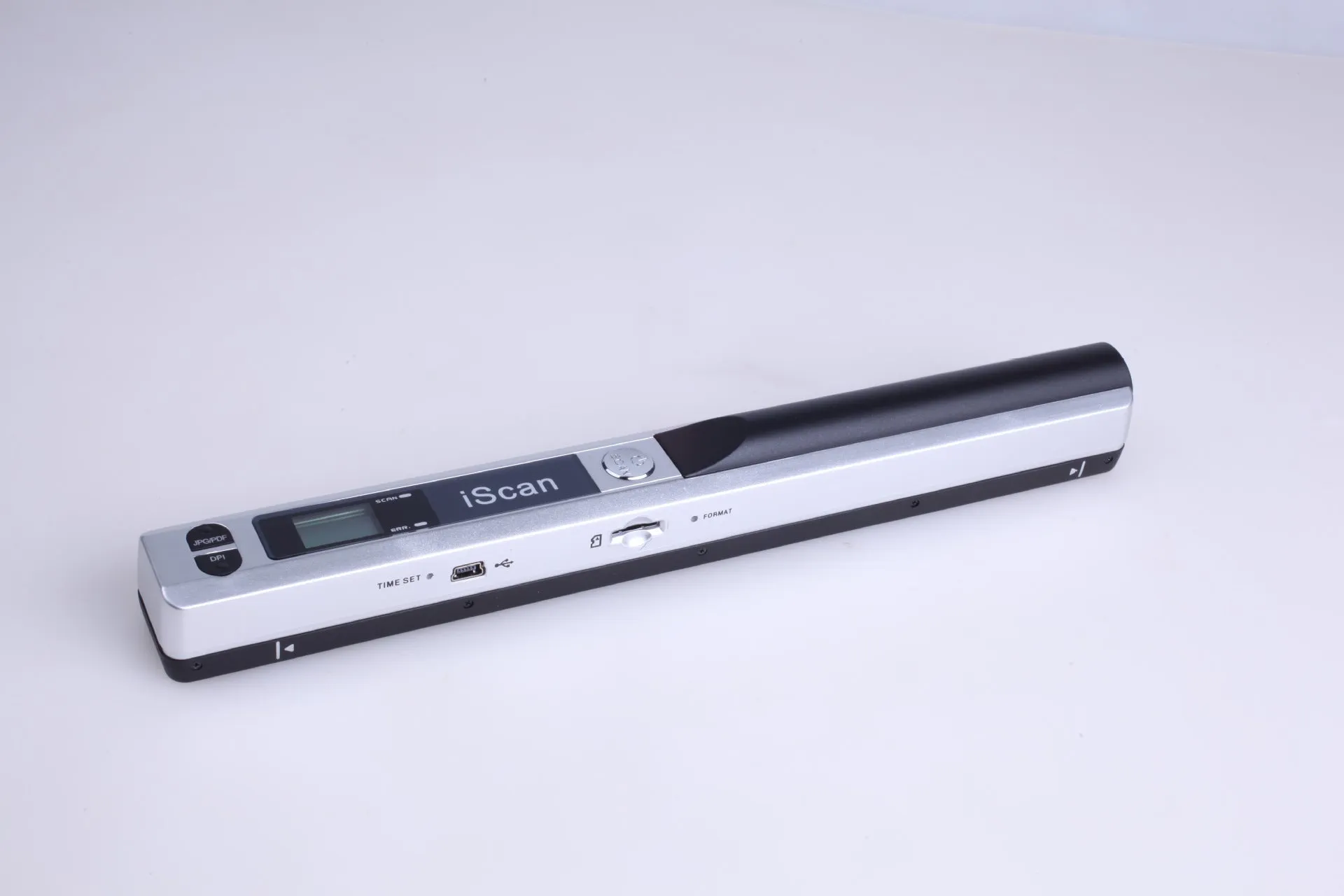 Handheld plastic scanner shown in black, blue, green, red, and silver colour options on a white background.