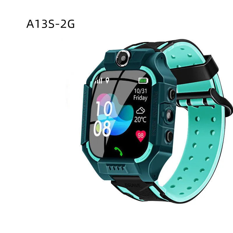 Children's smart phone watch with positioning and waterproof design in blue colour showing touch screen and wrist strap