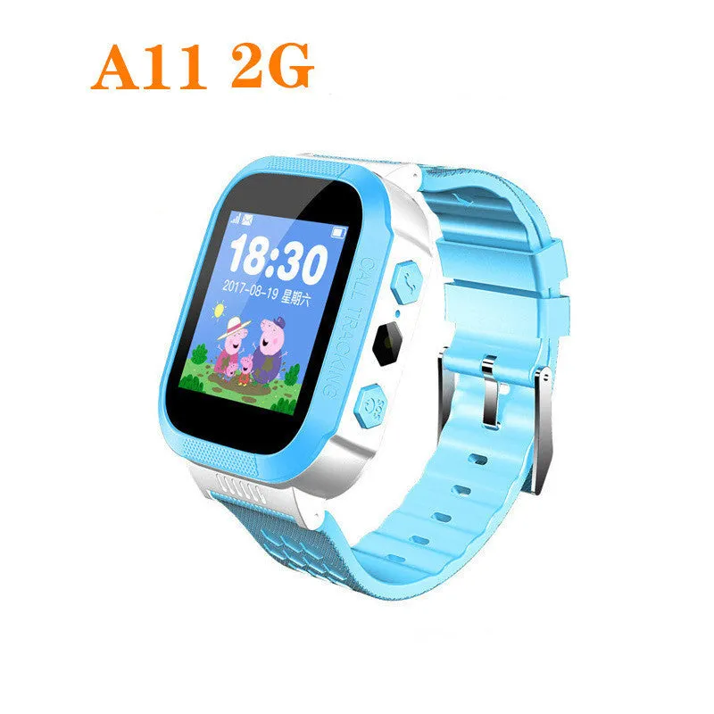 Children's smart phone watch with positioning and waterproof design in blue colour showing touch screen and wrist strap