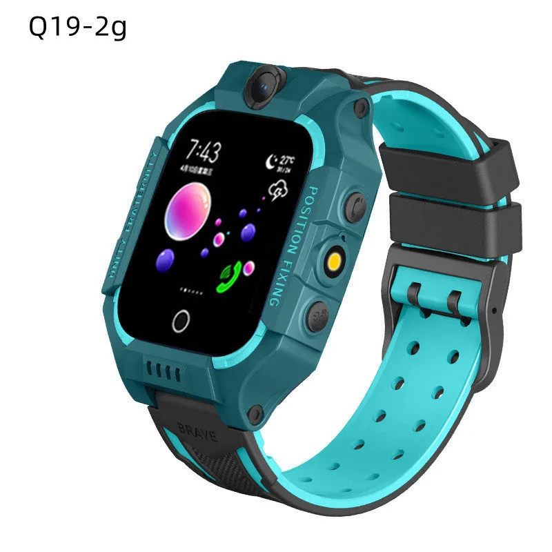 Children's smart phone watch with positioning and waterproof design in blue colour showing touch screen and wrist strap