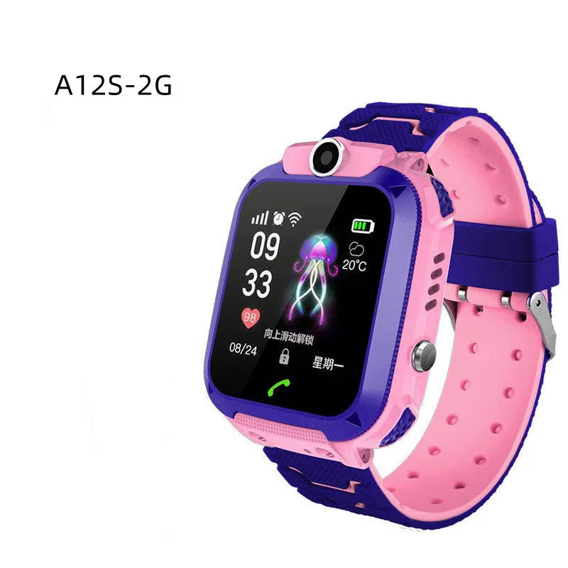 Children's smart phone watch with positioning and waterproof design in blue colour showing touch screen and wrist strap