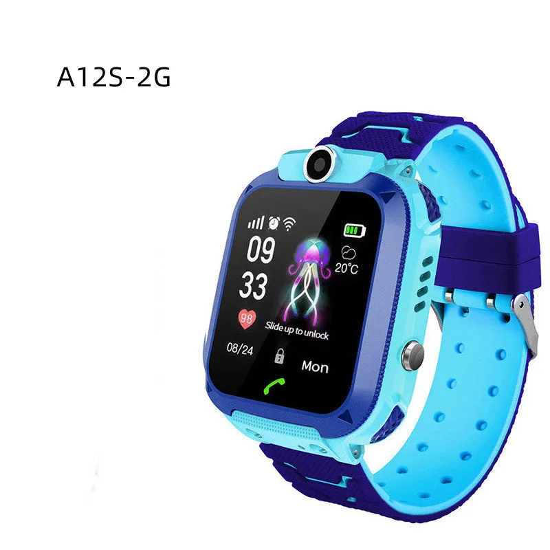 Children's smart phone watch with positioning and waterproof design in blue colour showing touch screen and wrist strap