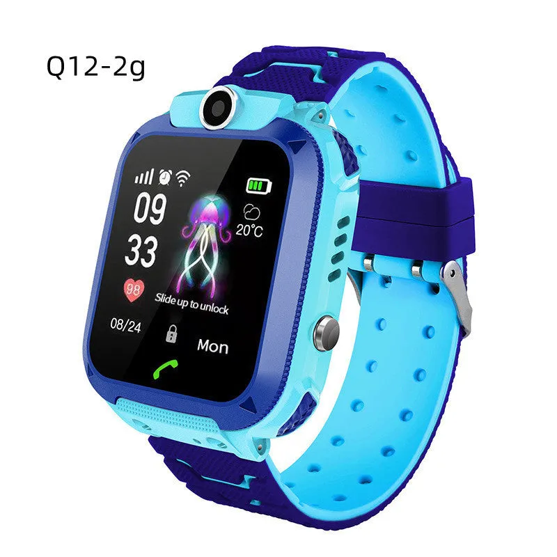 Children's smart phone watch with positioning and waterproof design in blue colour showing touch screen and wrist strap
