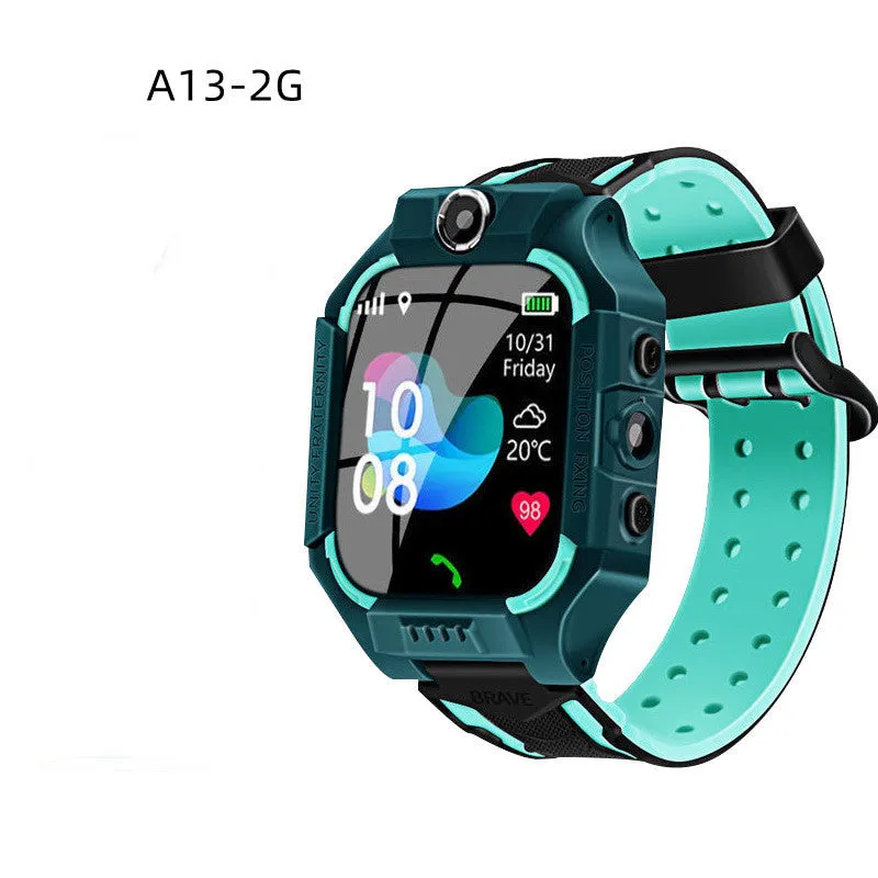 Children's smart phone watch with positioning and waterproof design in blue colour showing touch screen and wrist strap