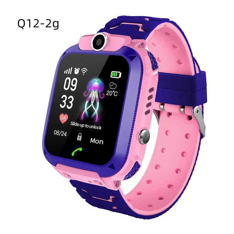 Children's smart phone watch with positioning and waterproof design in blue colour showing touch screen and wrist strap