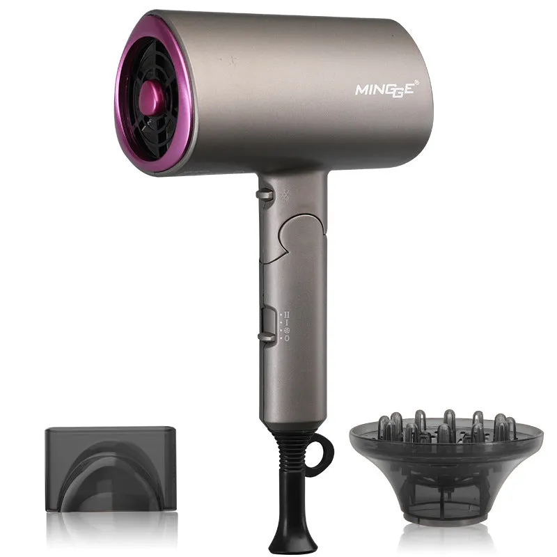 White 1600W negative ion hair dryer with concentrator nozzle and foldable handle on blue background