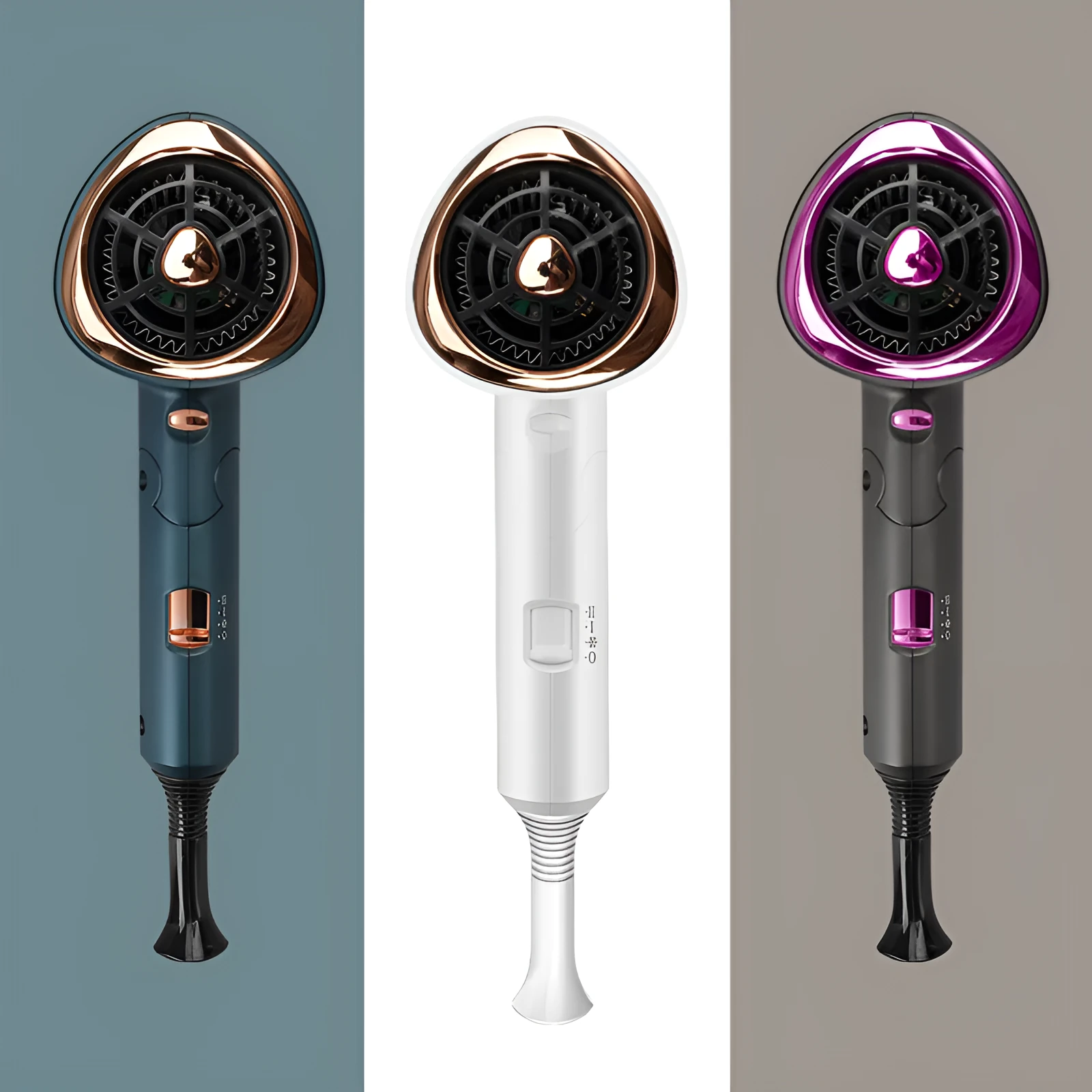 White 1600W negative ion hair dryer with concentrator nozzle and foldable handle on blue background