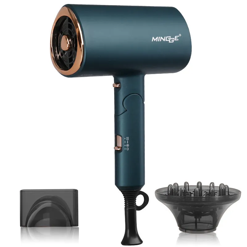 White 1600W negative ion hair dryer with concentrator nozzle and foldable handle on blue background