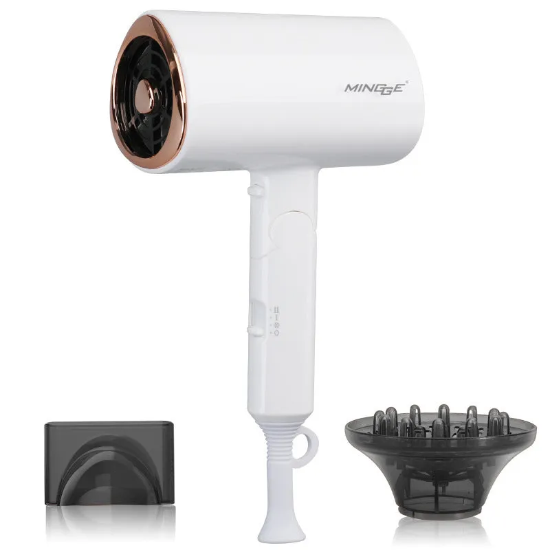 White 1600W negative ion hair dryer with concentrator nozzle and foldable handle on blue background