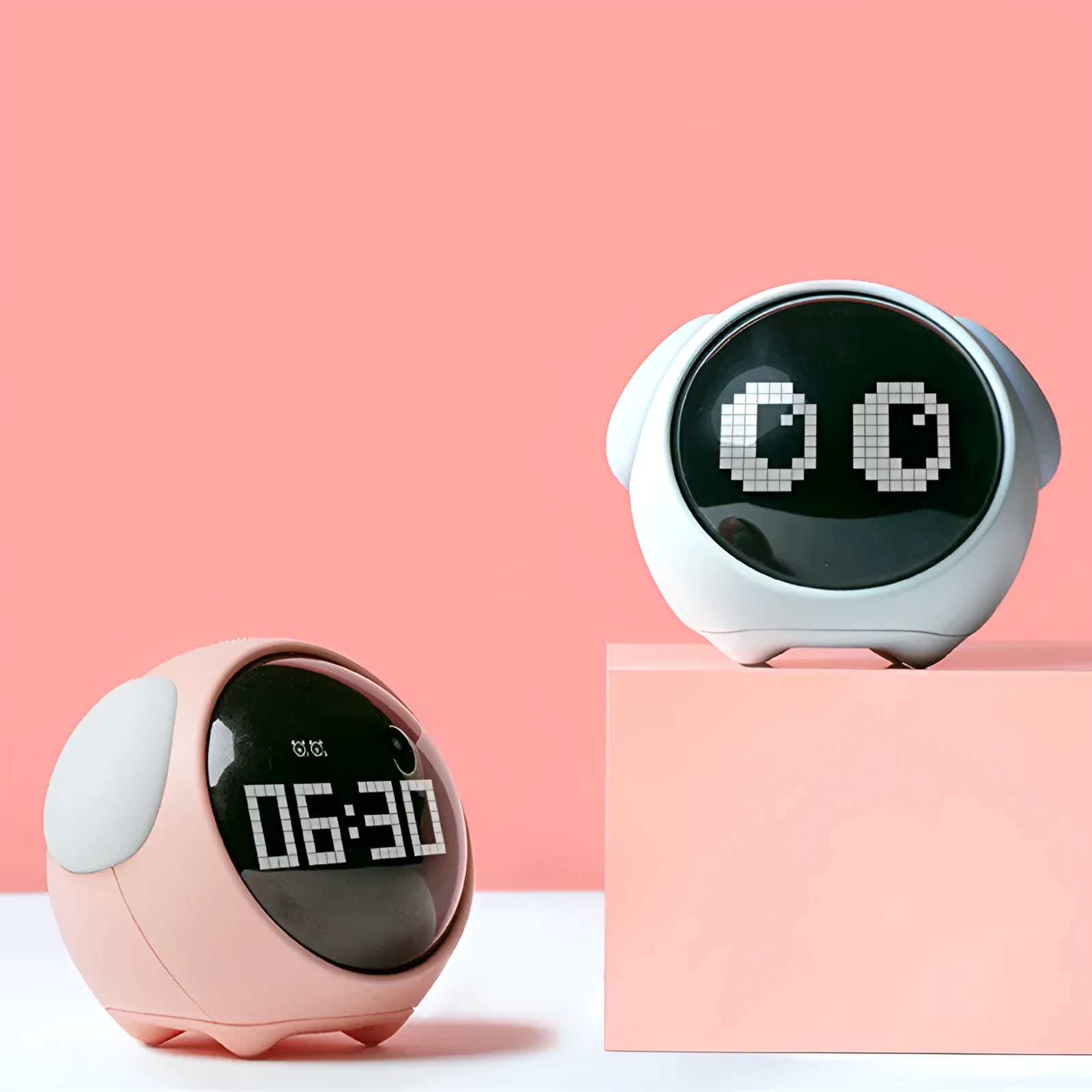 Multi-function alarm clock with pixel expression display and warm night light on a bedside table