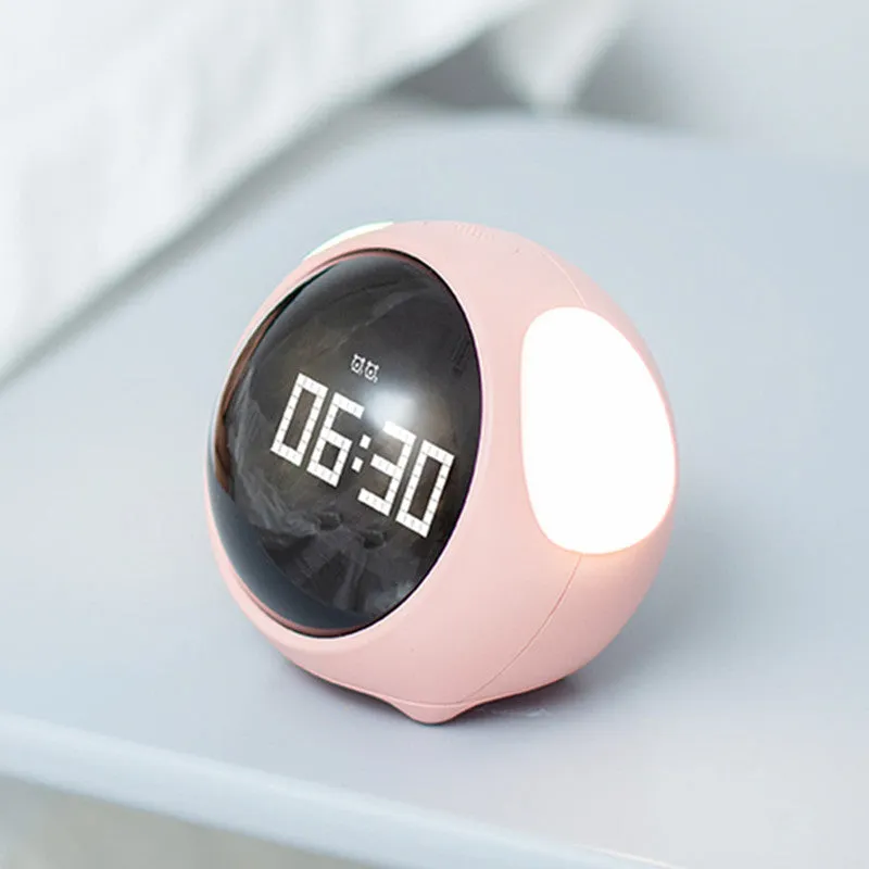 Multi-function alarm clock with pixel expression display and warm night light on a bedside table