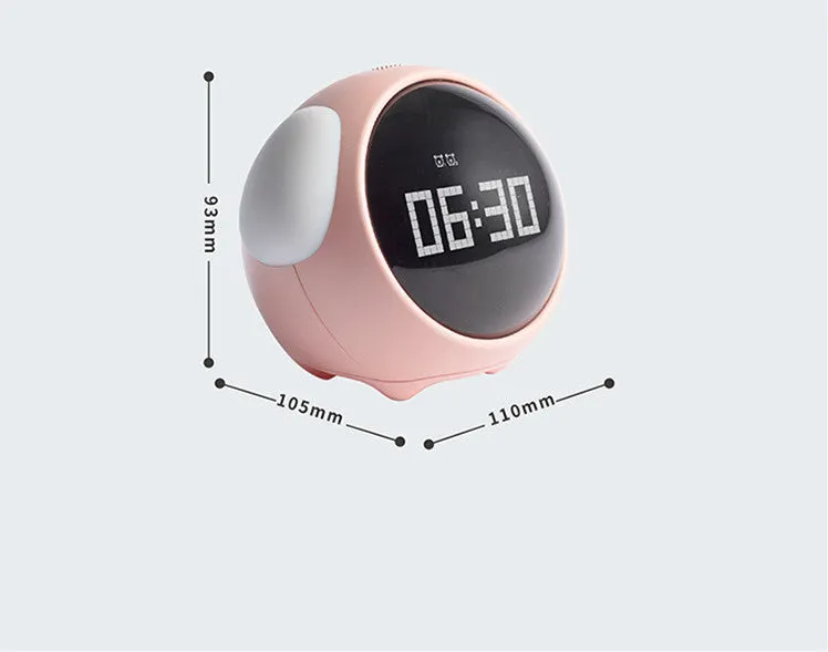 Multi-function alarm clock with pixel expression display and warm night light on a bedside table