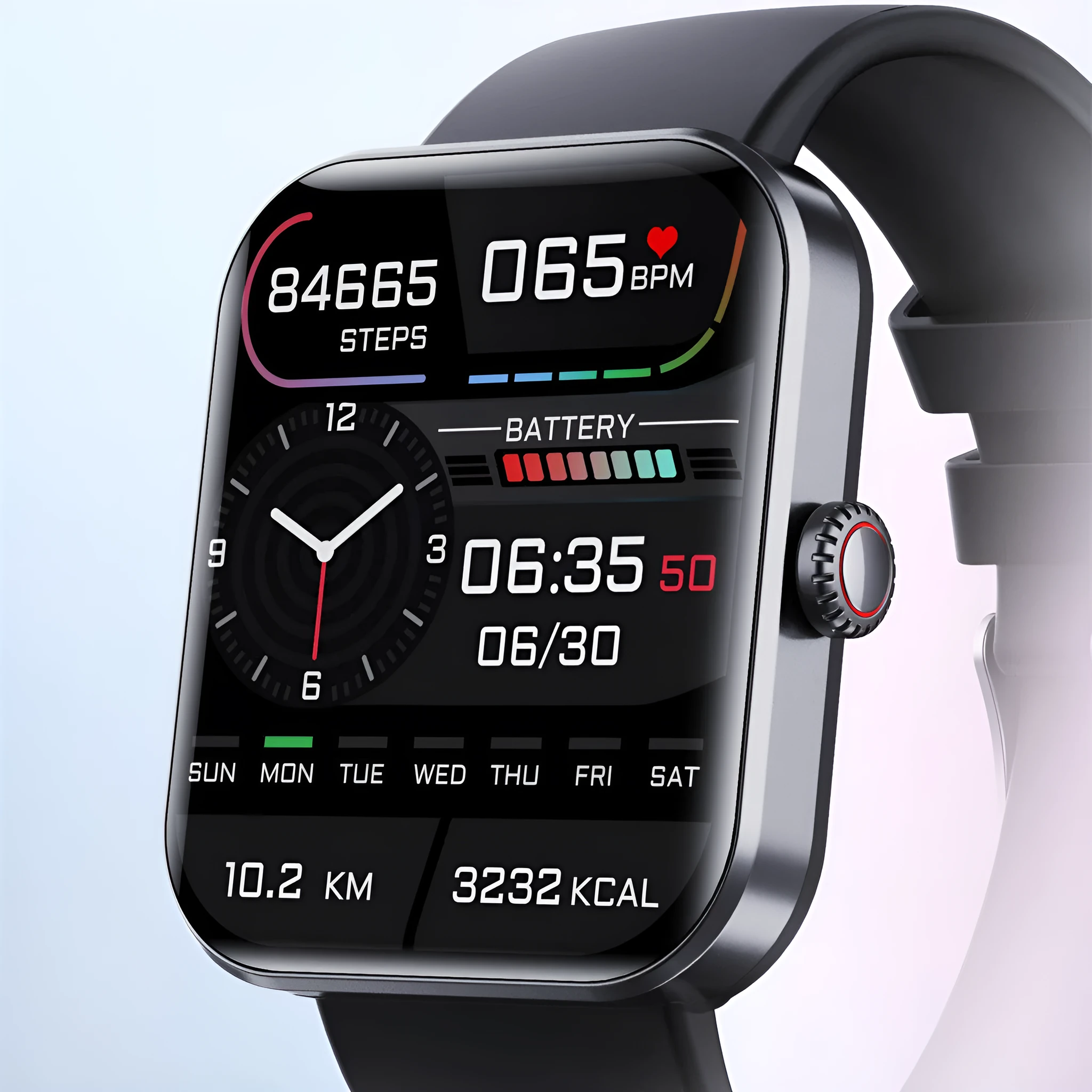 F57L sports watch with heart rate and blood pressure display on a wrist with a silicone strap