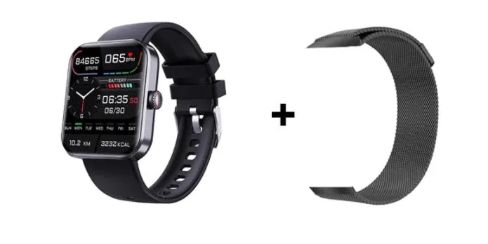 F57L sports watch with heart rate and blood pressure display on a wrist with a silicone strap