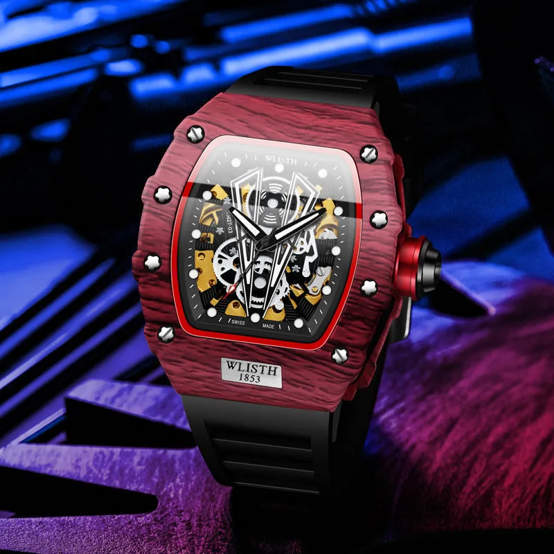 Automatic mechanical watch for men with black case, black strap, luminous dial, and 44mm size