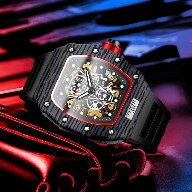 Automatic mechanical watch for men with black case, black strap, luminous dial, and 44mm size