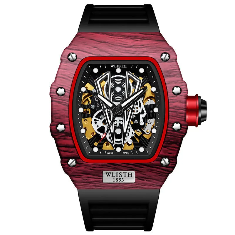 Automatic mechanical watch for men with black case, black strap, luminous dial, and 44mm size