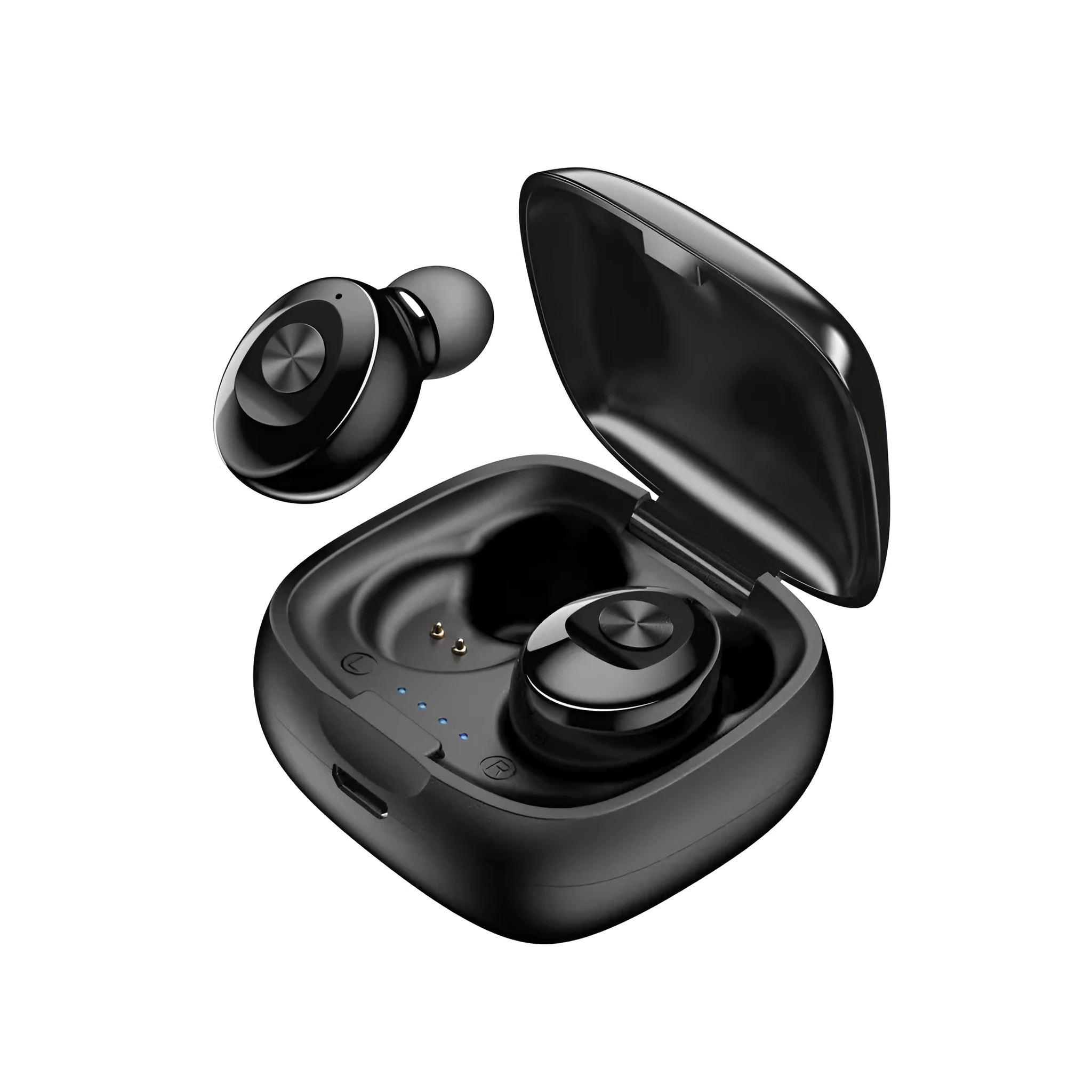 XG8 noise reduction sports headphones in black with charging case on white background