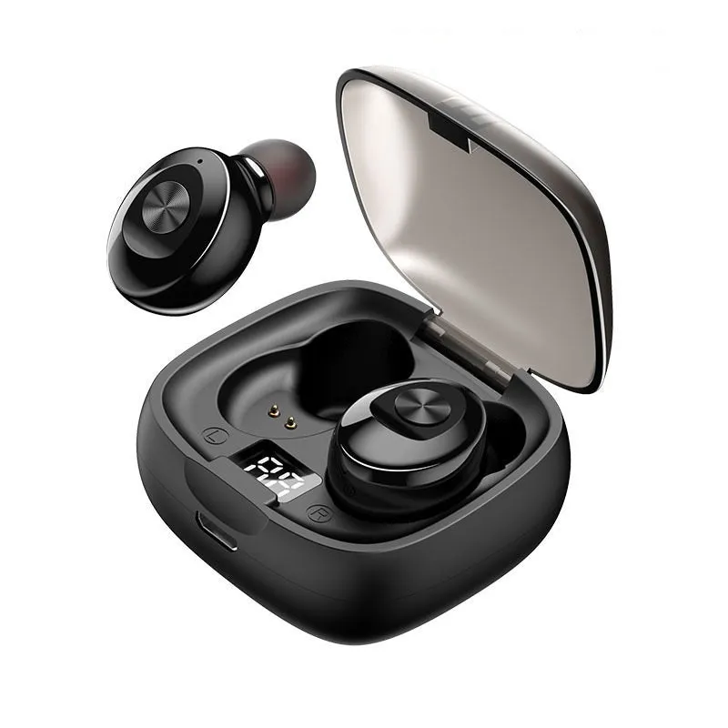 XG8 noise reduction sports headphones in black with charging case on white background
