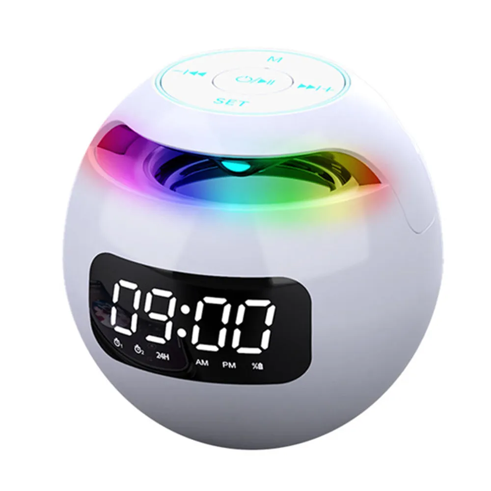 Black plastic cube Bluetooth speaker with alarm clock display, button controls, 8.5cm size