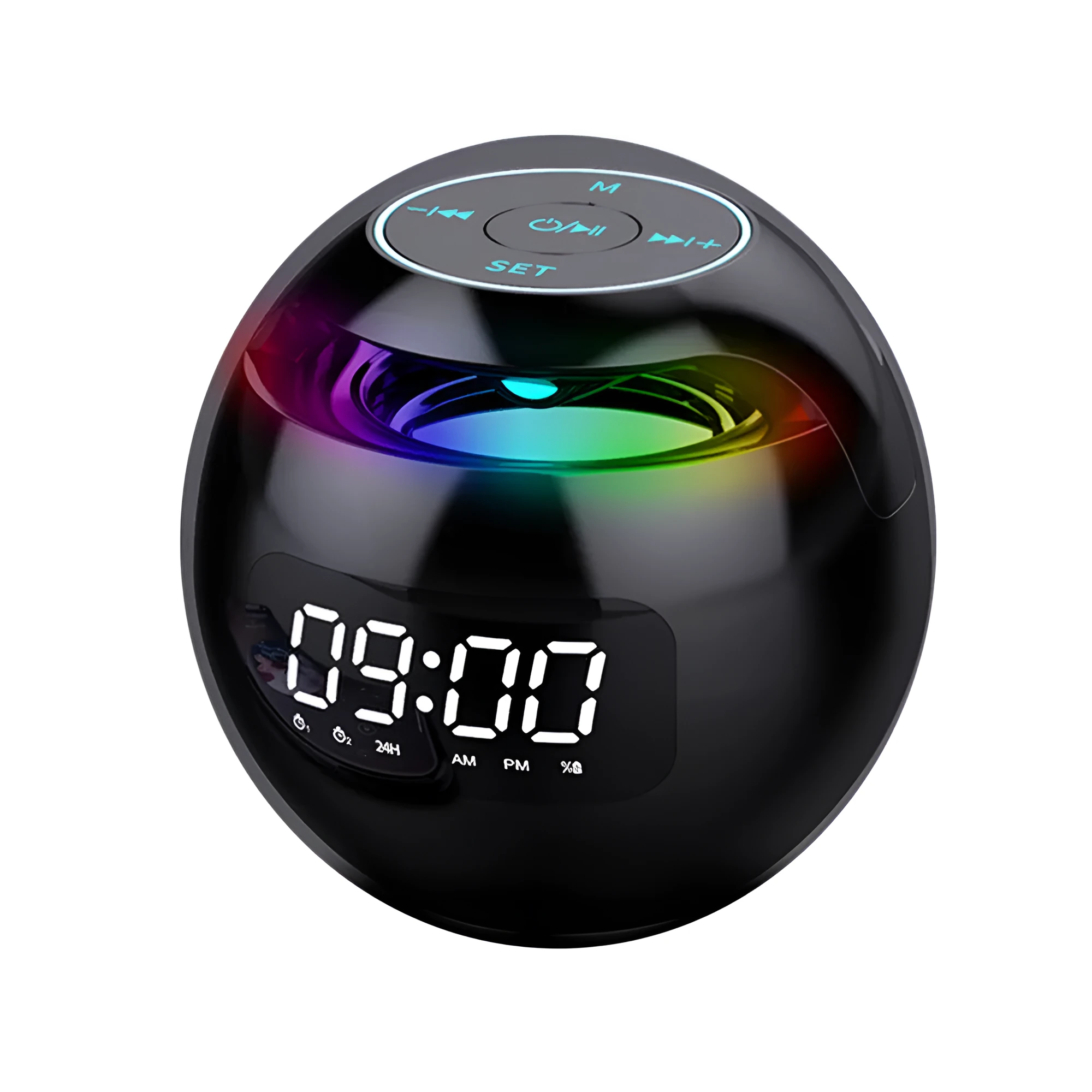 Black plastic cube Bluetooth speaker with alarm clock display, button controls, 8.5cm size