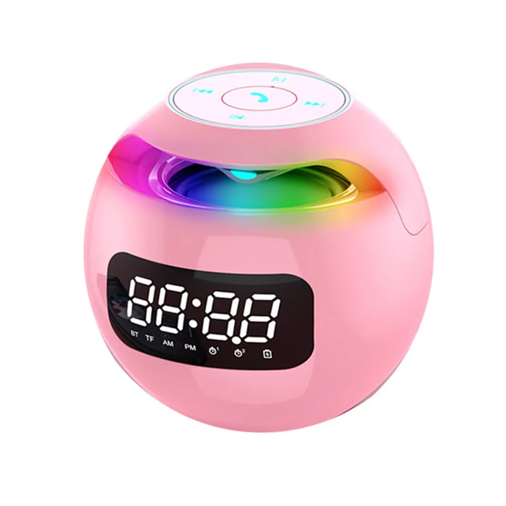 Black plastic cube Bluetooth speaker with alarm clock display, button controls, 8.5cm size