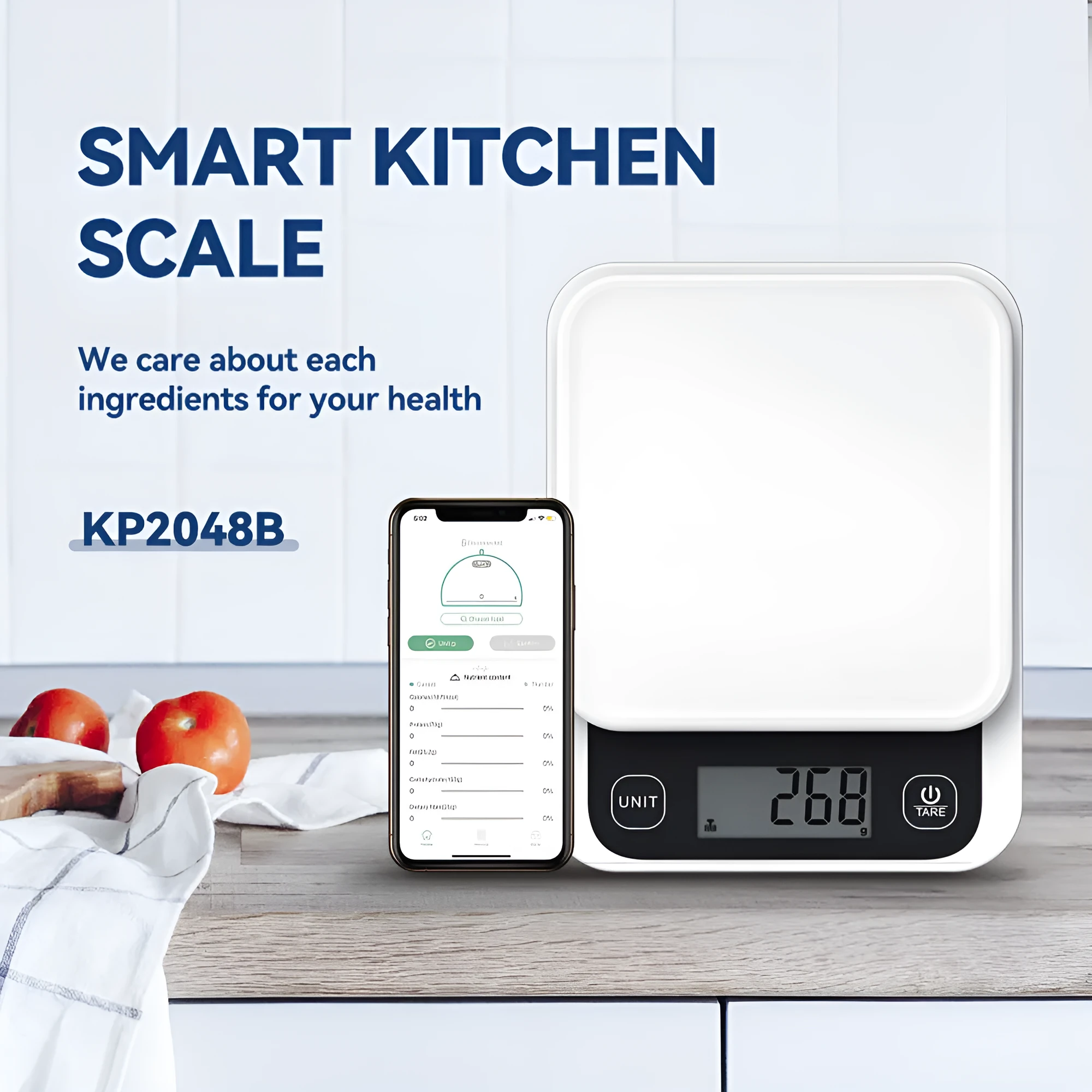 Black Bluetooth smart kitchen scale with nutrition calculator app on phone screen, 153x135x27mm
