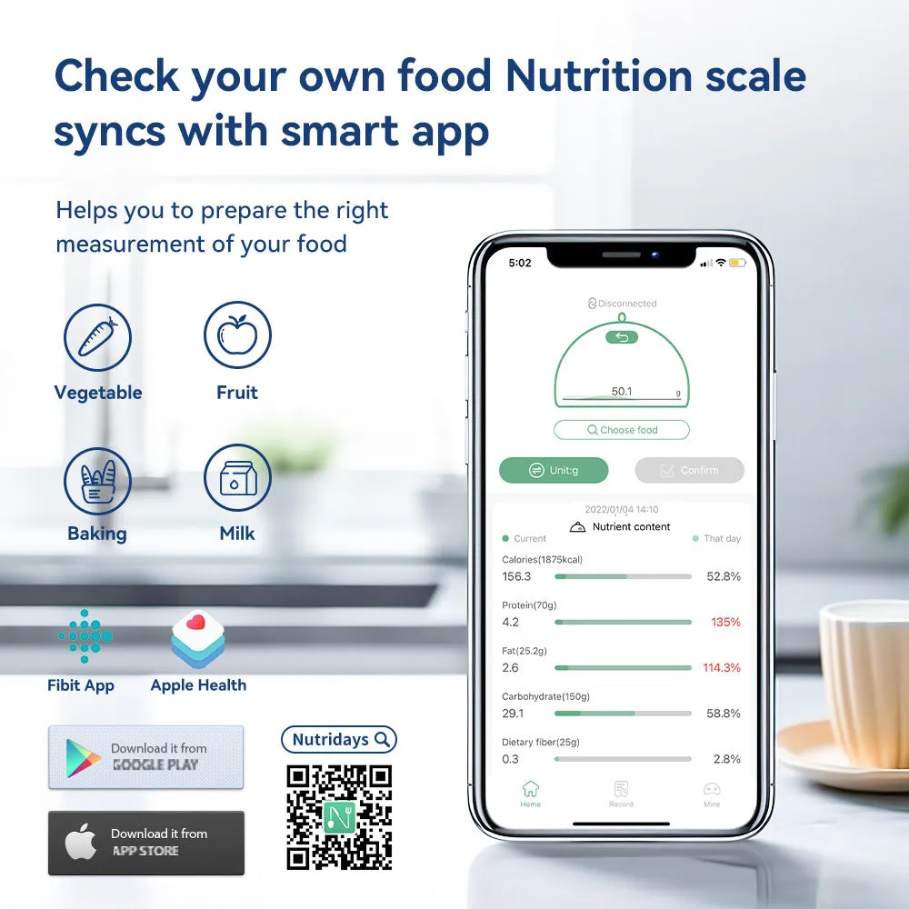 Black Bluetooth smart kitchen scale with nutrition calculator app on phone screen, 153x135x27mm