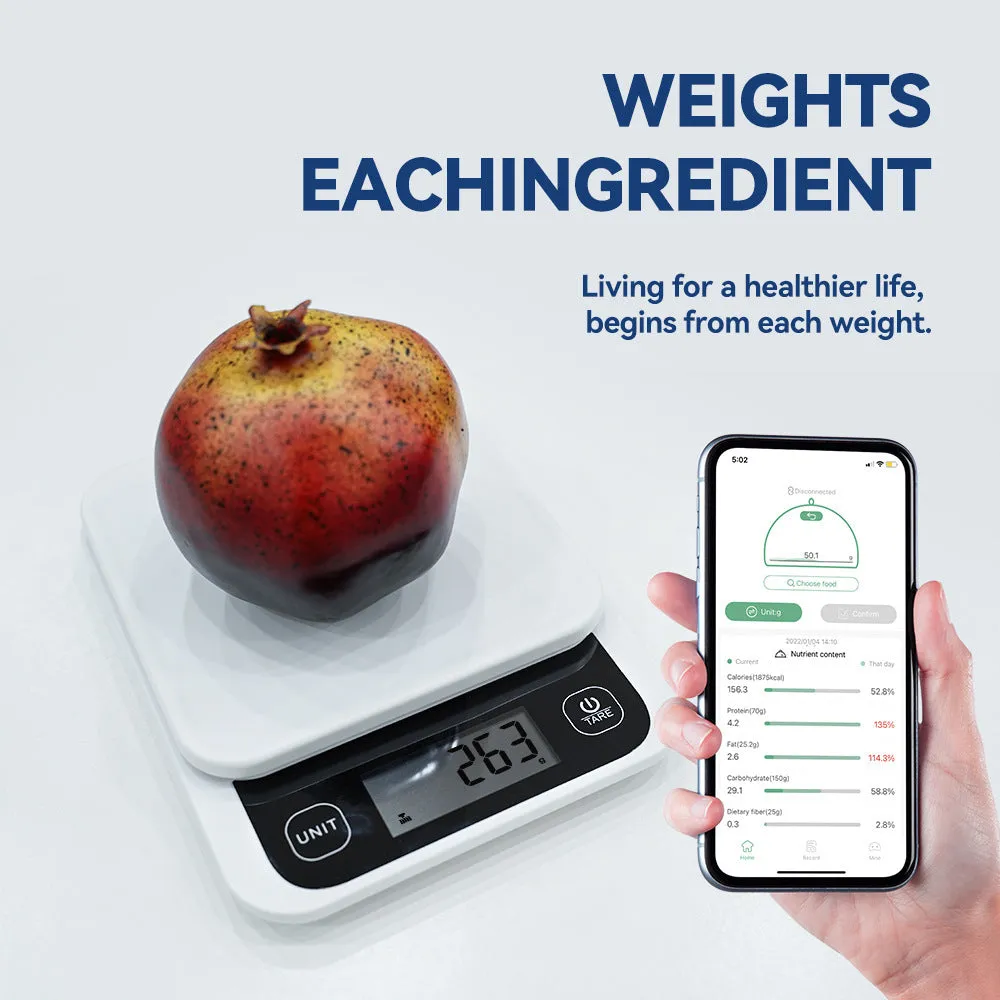 Black Bluetooth smart kitchen scale with nutrition calculator app on phone screen, 153x135x27mm