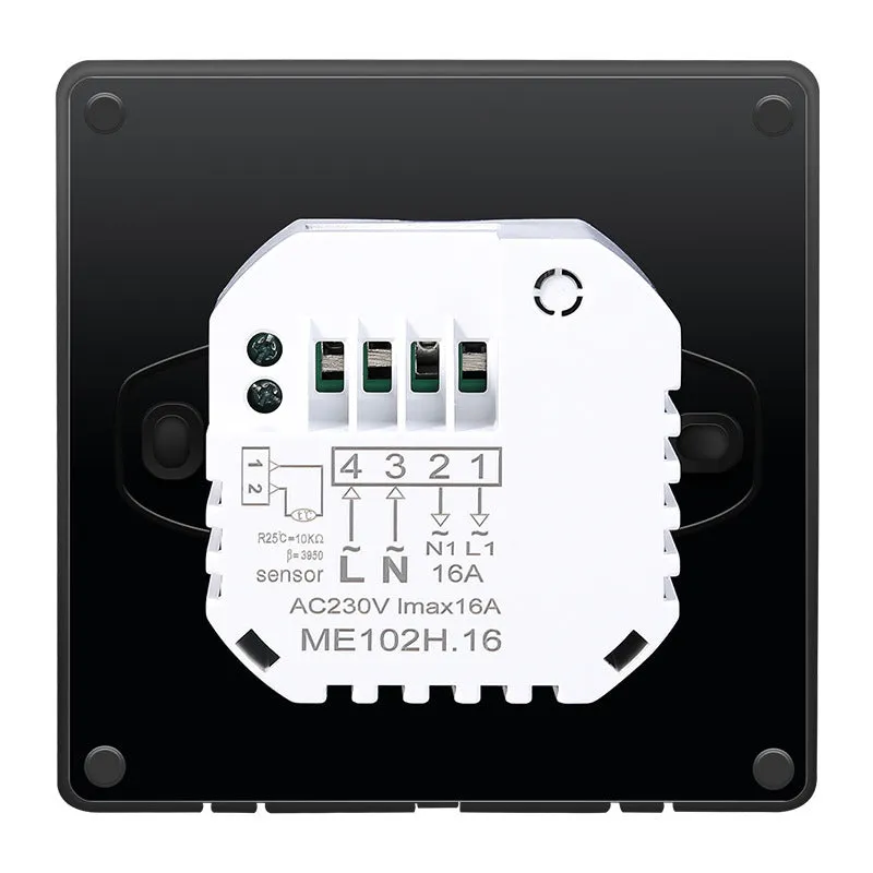 White smart thermostat heating controller measuring 86x86x13mm for concealed wall installation