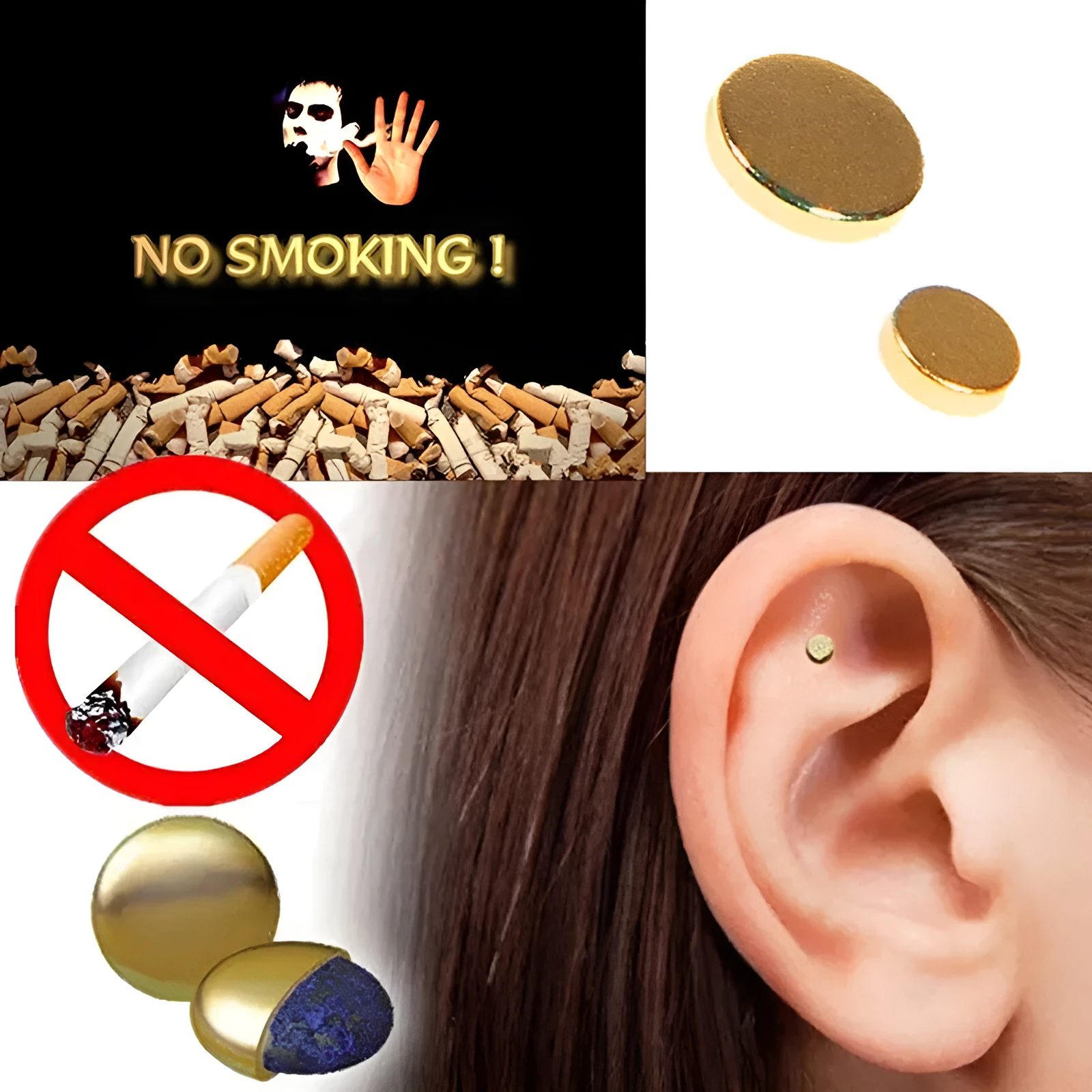 Gold quit smoking magnet earrings set with two sizes 0.5cm and 0.8cm on ear for auricular acupressure therapy
