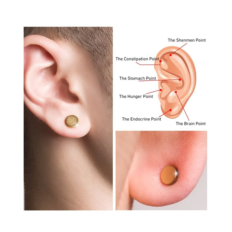 Gold quit smoking magnet earrings set with two sizes 0.5cm and 0.8cm on ear for auricular acupressure therapy