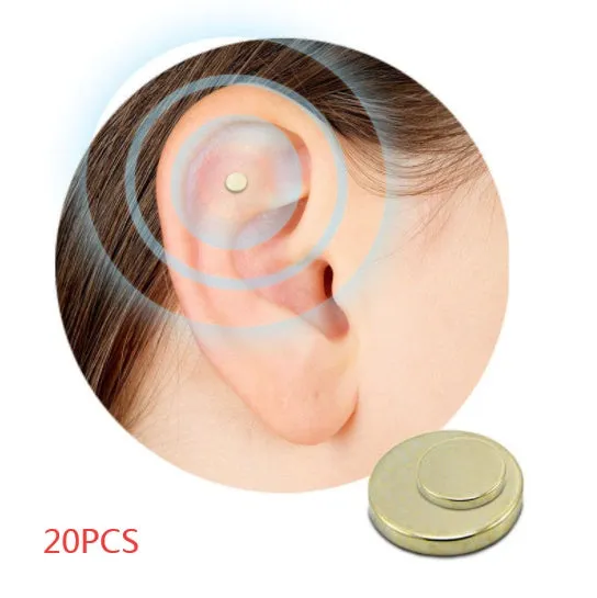 Gold quit smoking magnet earrings set with two sizes 0.5cm and 0.8cm on ear for auricular acupressure therapy