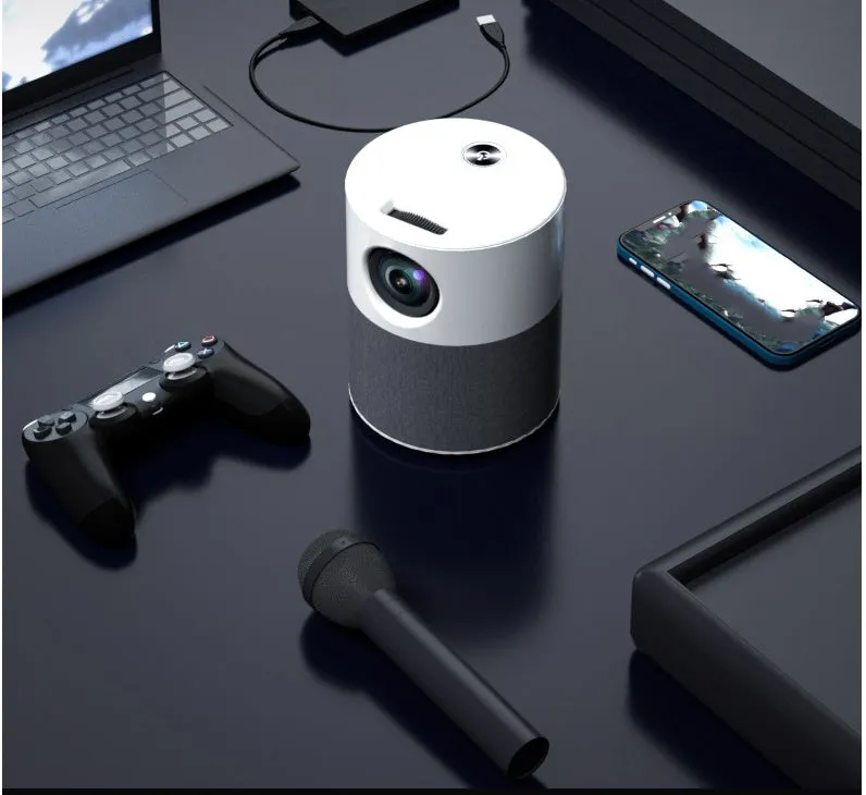 White mini home high-definition projector with 1080P resolution and front projection lens