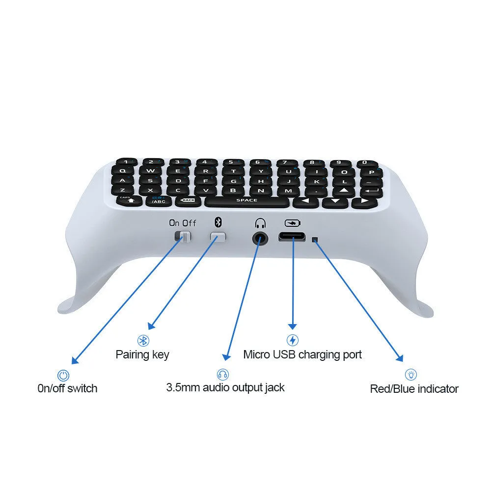 White PS4 Bluetooth chat keyboard attached to a controller, compact ABS design with USB charging cable