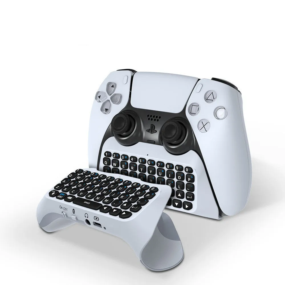 White PS4 Bluetooth chat keyboard attached to a controller, compact ABS design with USB charging cable