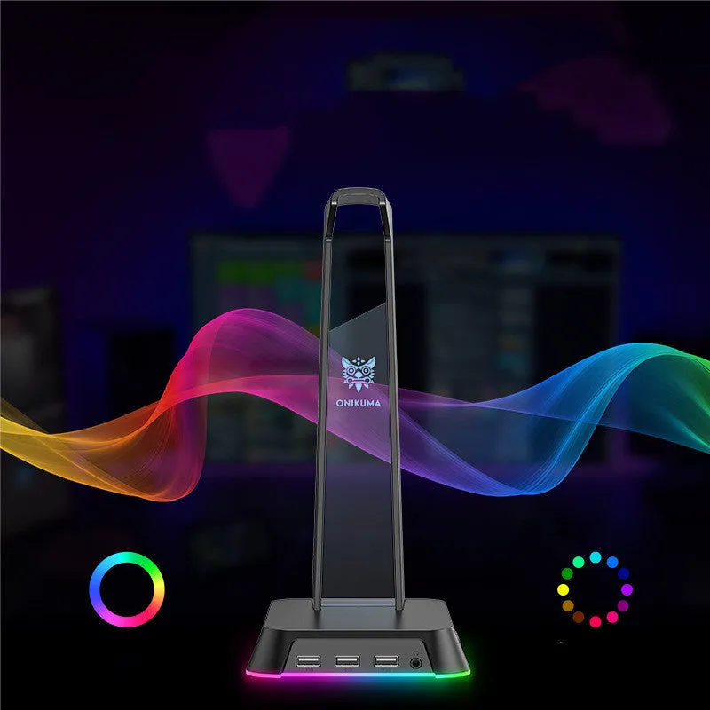 Illuminated headphone stand with Symphony RGB lighting and USB hub in black