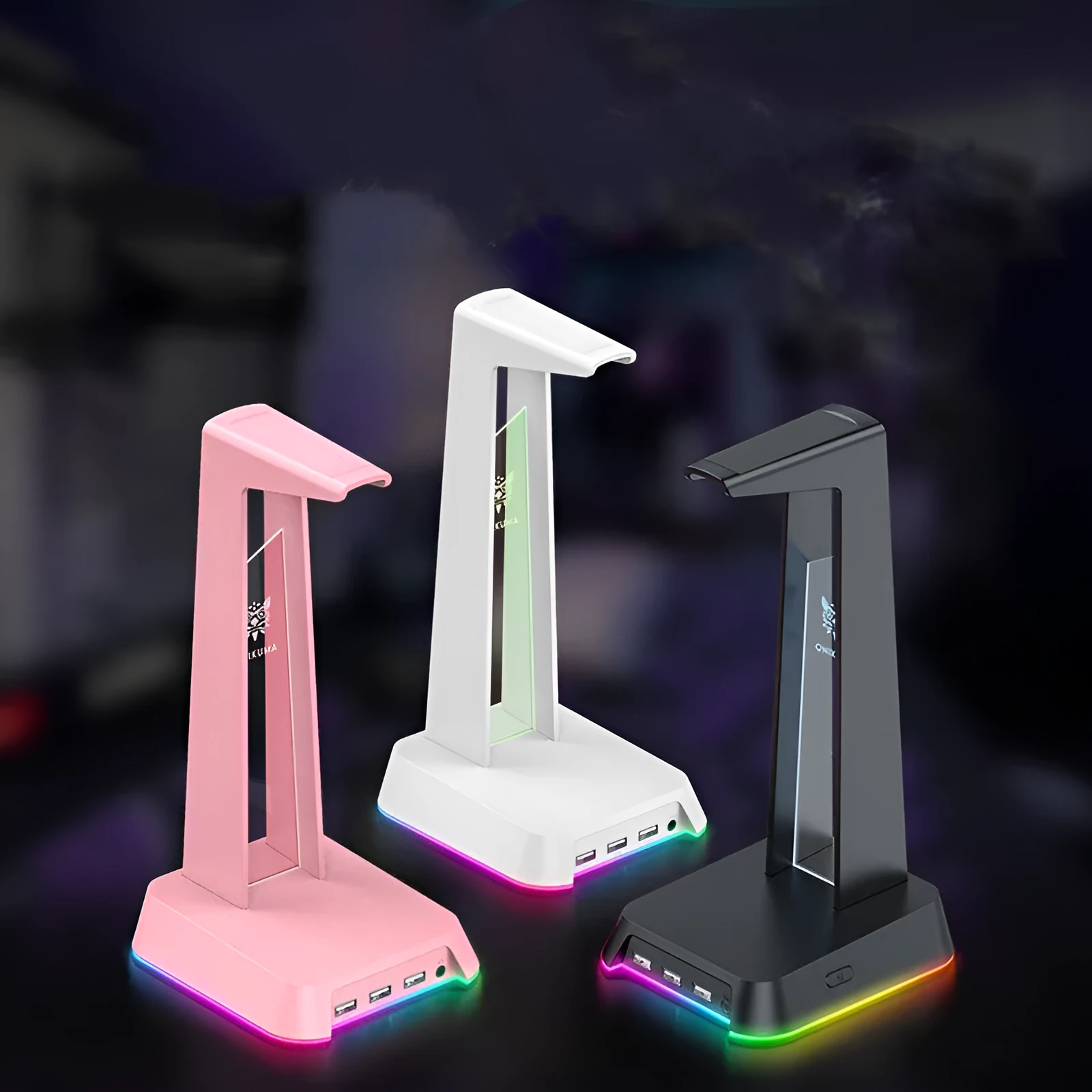 Illuminated headphone stand with Symphony RGB lighting and USB hub in black