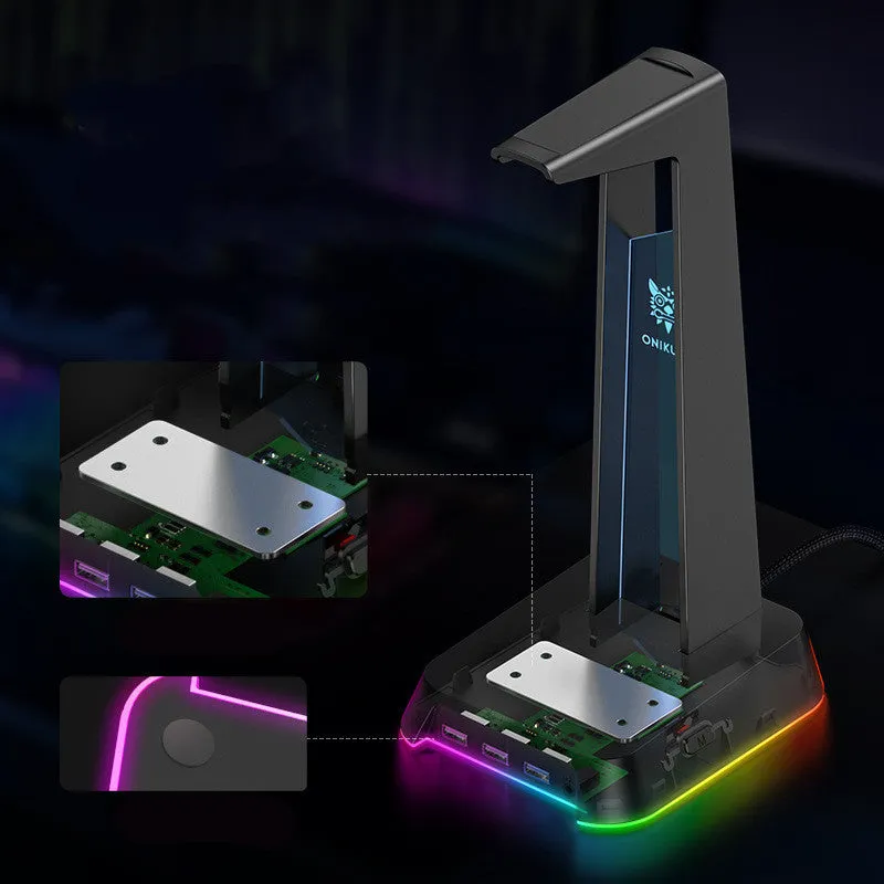 Illuminated headphone stand with Symphony RGB lighting and USB hub in black