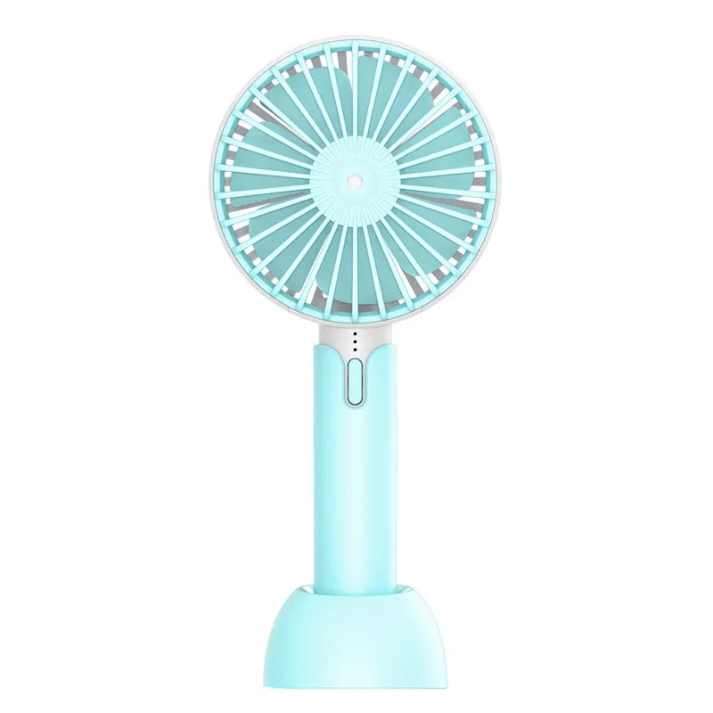 Blue handheld portable mini fan with USB cable, three-speed buttons, and shaking head design on desktop