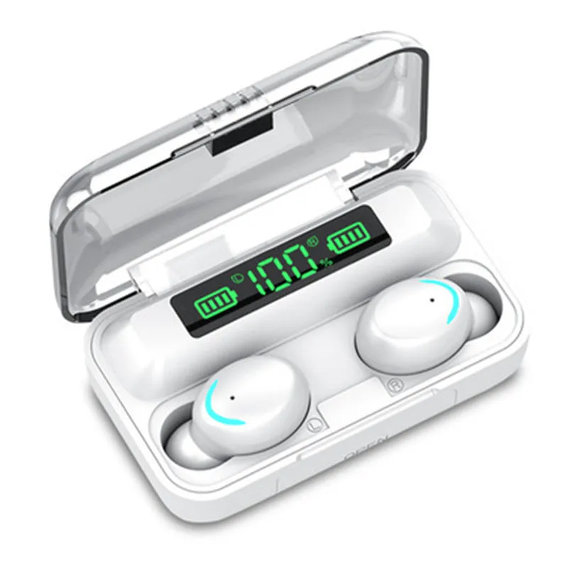 Black TWS Bluetooth earbuds in charging case with battery display on front