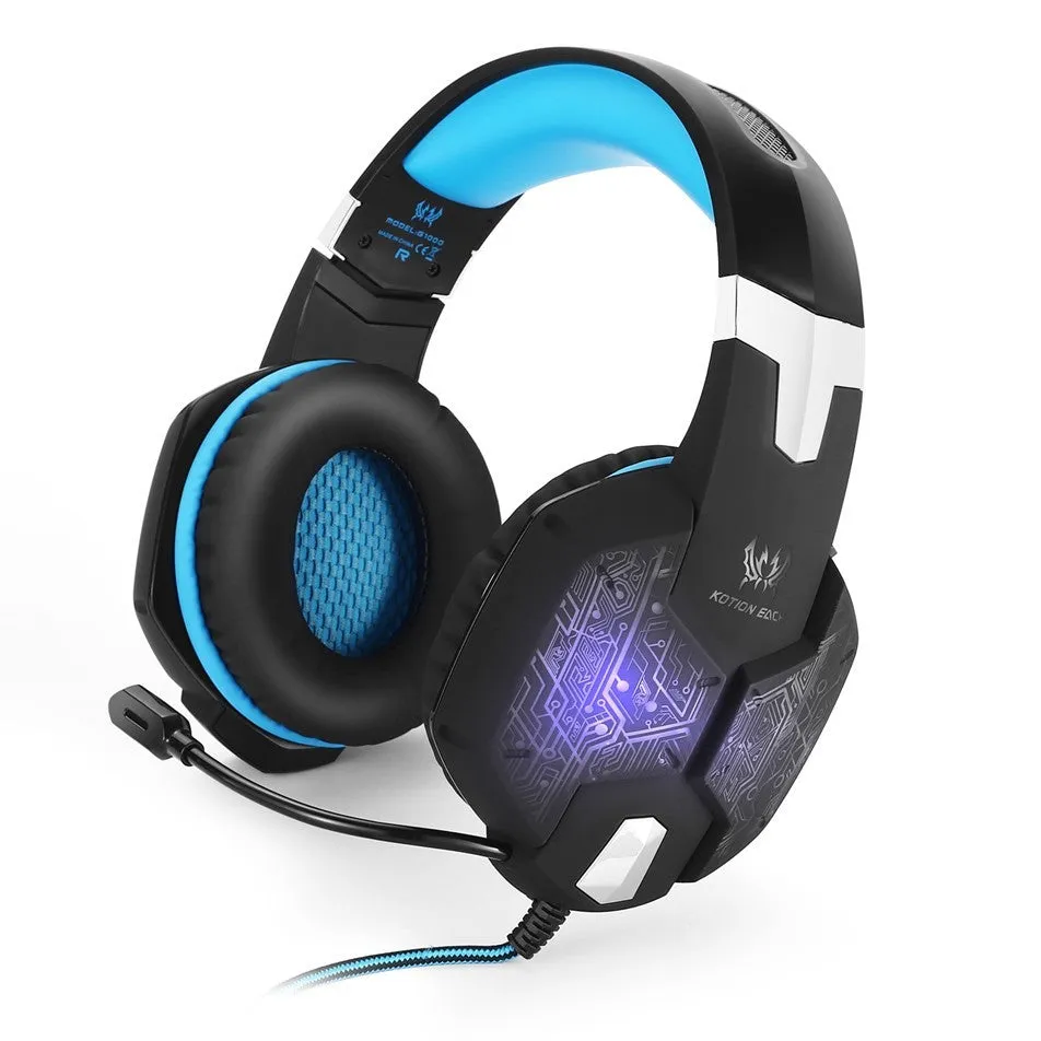 G1000 wired gaming headset with microphone, over-ear design, blue colour