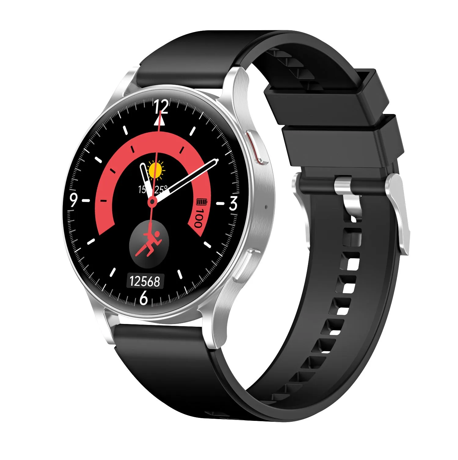 SmartWatch with white background dial and multiple strap colour options steel belt black and silver