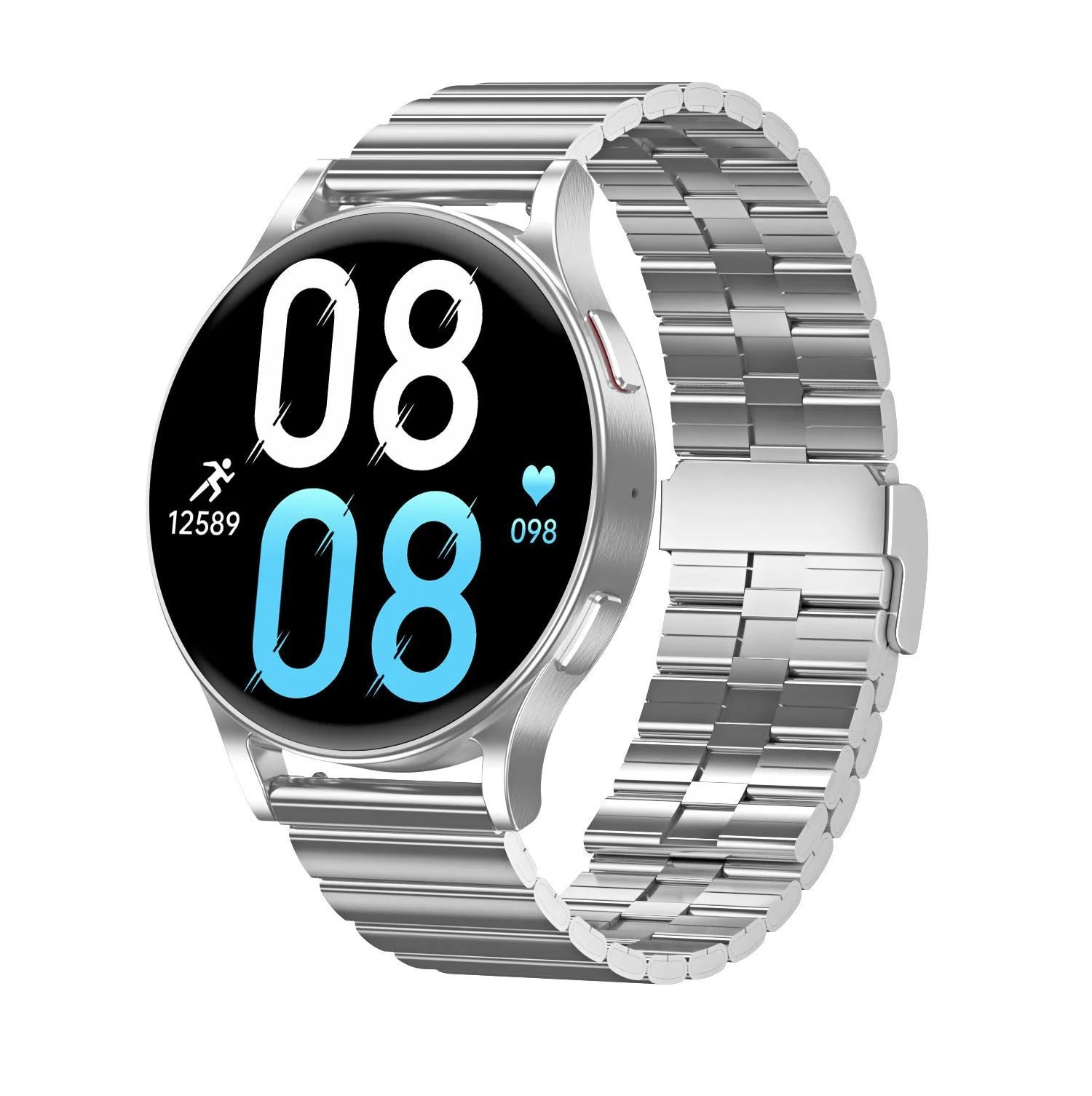 SmartWatch with white background dial and multiple strap colour options steel belt black and silver